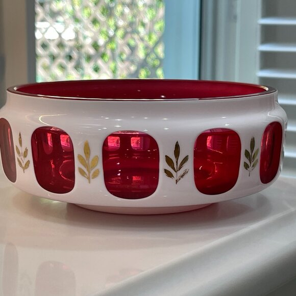 -Vintage Ruby and Milk-glass Hand Painted Bowl- Mod Kitchen Luxe - Picture 3 of 16